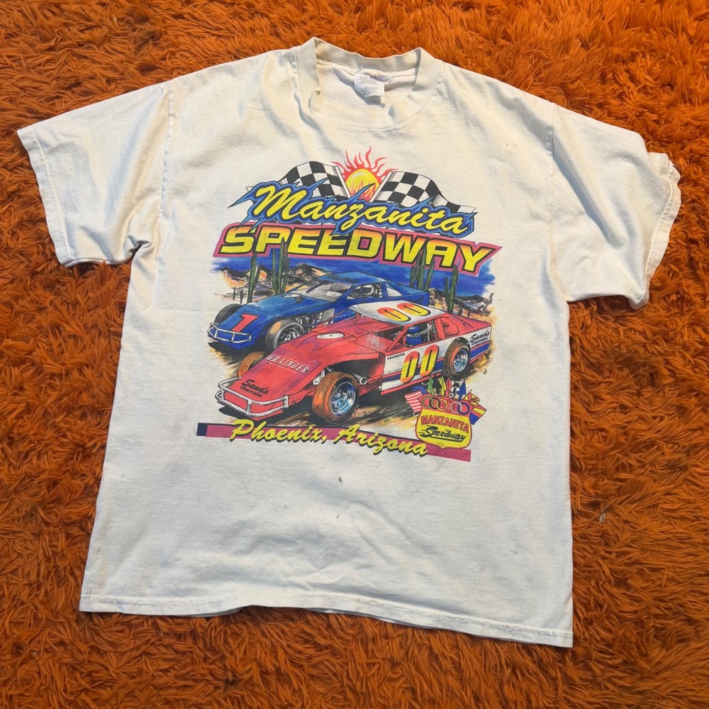 Vintage Manzanita Speedway Phoenix Arizona Racing Graphic T-Shirt White Large